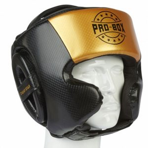Pro Box Champ Spar Black Gold PU headguard with cheek protection